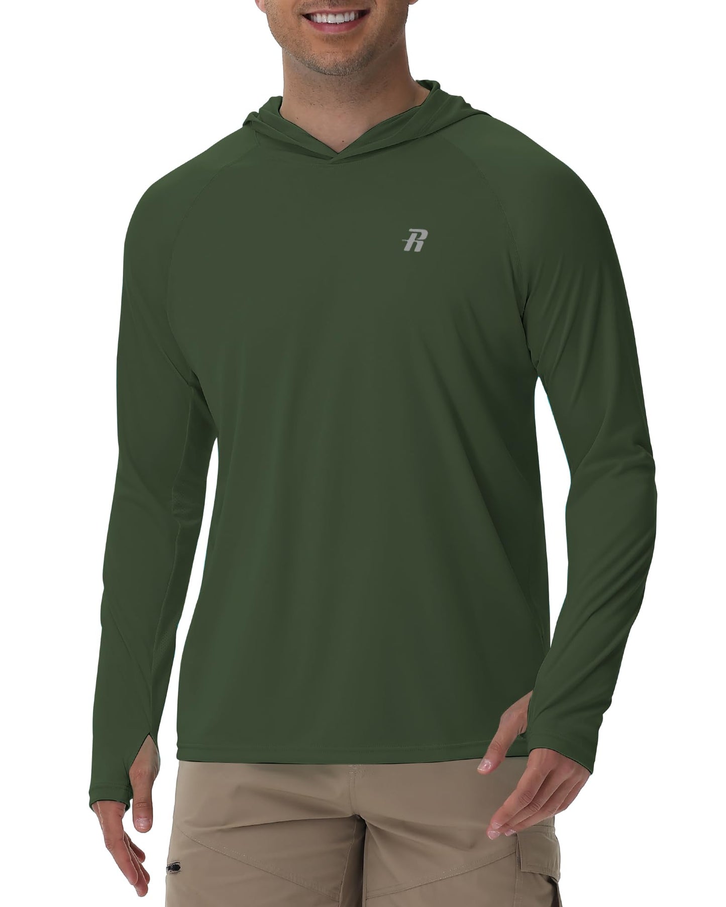 Runhit UPF 50+ Fishing Shirts for Men Long Sleeve UV Sun Protection Hoodie Outdoor Workout Hiking Running Rash Guard Lightweight Quick Dry Dark Green L
