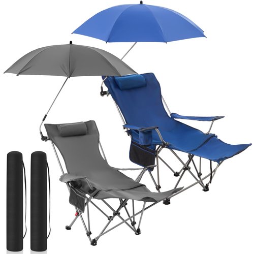 Yuntau 2 Set Reclining Camping Chair with Umbrella Clamp, Adjustable Beach Chair with Foot Rest, SPF 50+, Folding Shade Camping Lounger Recliner for Adult Outdoor(Grey,Blue,Oxford)