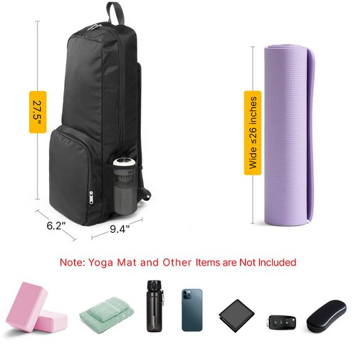 Tangoner Yoga Mat Bag Carrier Zipper Closure Multi Functional Essential Pockets Exercise Yoga Mat Holder Backpack (Black)