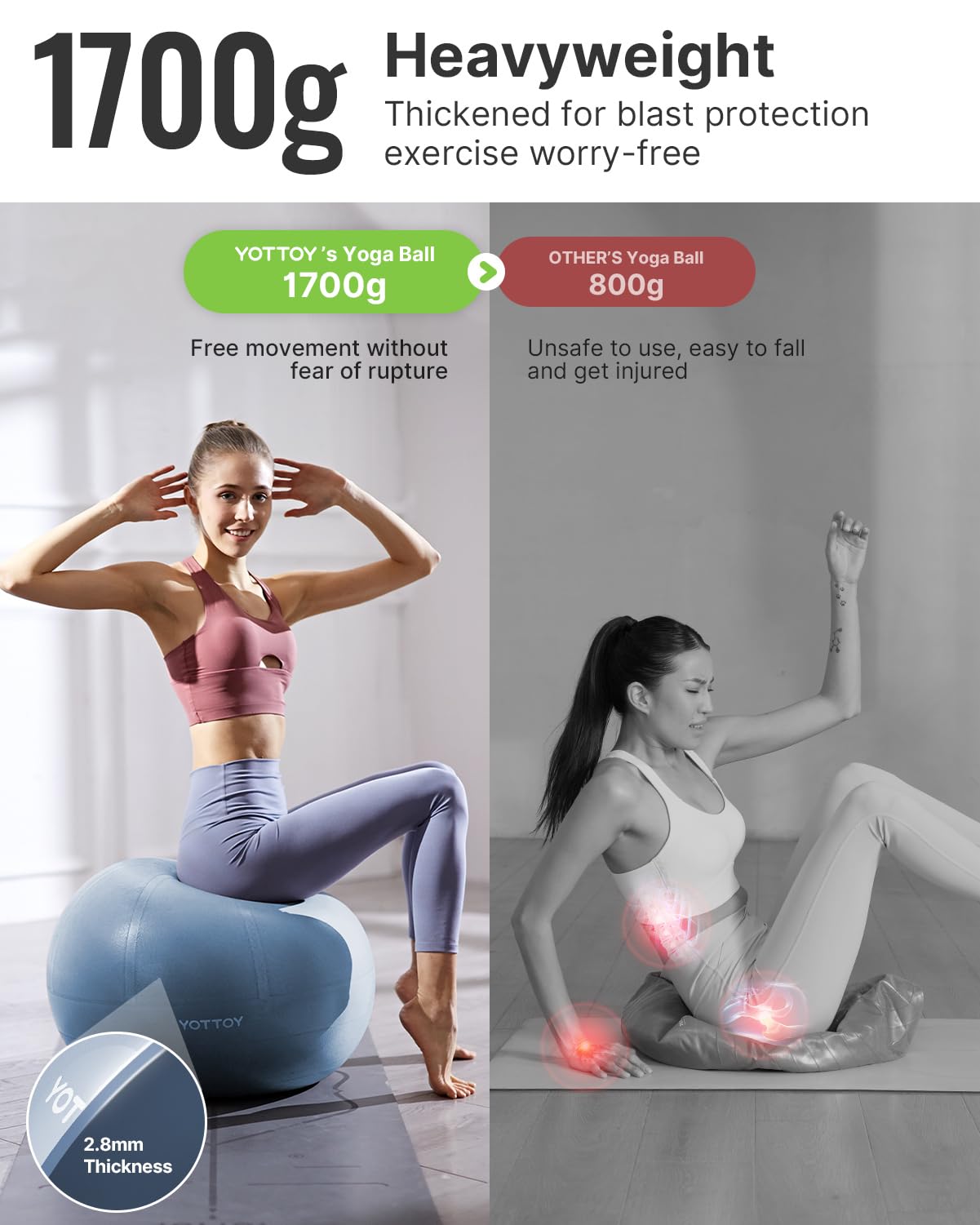YOTTOY Anti-Burst Exercise Ball for Working Out, Yoga Ball for Pregnancy,Extra Thick Workouk for Physical Therapy,Stability Ball for Chair Fitness with Pump (Blue)