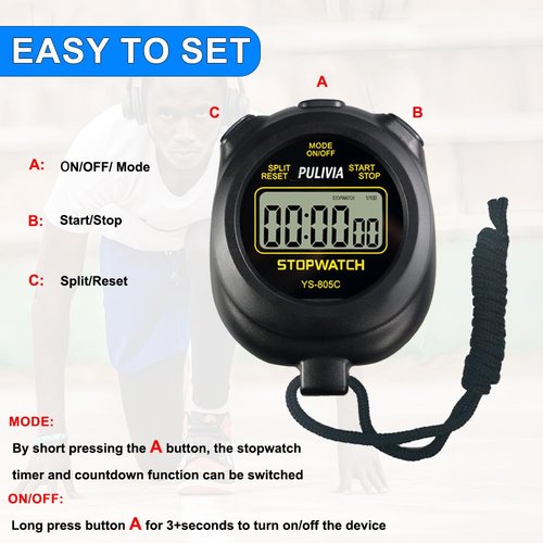 PULIVIA Stopwatch Timer with Countdown, Simple Operation Digital Stop Watch for Sports, Countdown-Alarm, Button-Sound, Replaceable AAA Battery, Black