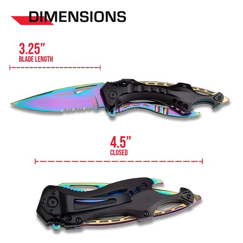Tac-Force Folding Pocket Knife, 3.25-inch Serrated Rainbow Blade, Black Aluminum Handle, 7.75-inch Overall Length TF-705RB