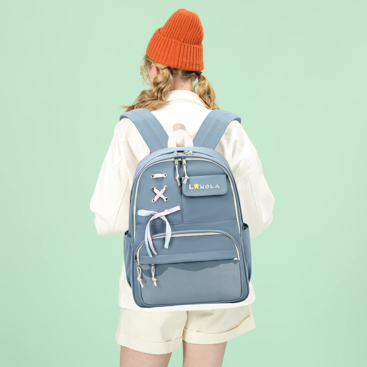 Lanola Teen Girl School Backpack Casual Daypack Bookbag Elementary Middle School College Fashion Travel Backpack with Cute Ribbon for Girls - Dark Blue