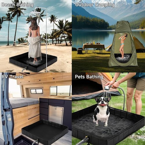 Camping Shower Pan, 41" x 41" x 5" Outdoor Portable Shower Base with Bottom Drain and Side Drain Pipe, Collapsible Shower Basin for Shower Tent Base, Camping, Rv, Beach, Bathing Pets