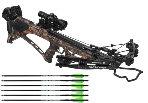 Xpedition Archery Trophy 410X Crossbow with Crank Cocking Device, Compound Crossbow Package, Illuminated 4X32 Scope, 6 20" Bolts, 410 Feet Per Second