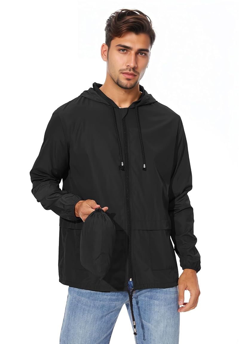 Zando Lightweight Rain Jacket for Men - Waterproof Hooded Windbreaker, Black XL