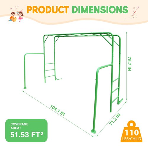 LeisureStar Outdoor Monkey Bar Set with Climbing Frame, Gymnastics bars, Playground Sets for Backyards, Metal Monkey Bars for Kids Age 3 and Up, Backyard Playground Set with Powder Coated Steel, Green
