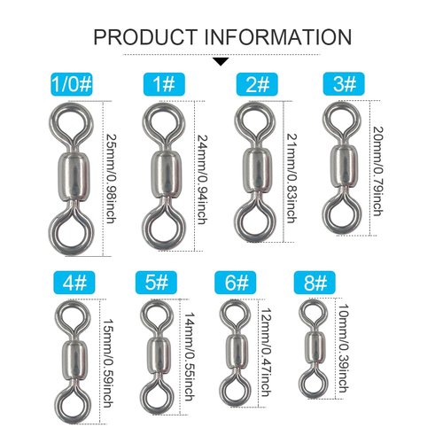 QHDJIANHUI 100 pcs Fishing Swivels, 100% 304 Stainless Steel Barrel Swivel Corrosion Resistance Power Crane Swivels Saltwater and Freshwater Fishing Line Lure Leader Connector (8# 0.39"/ 80LB)