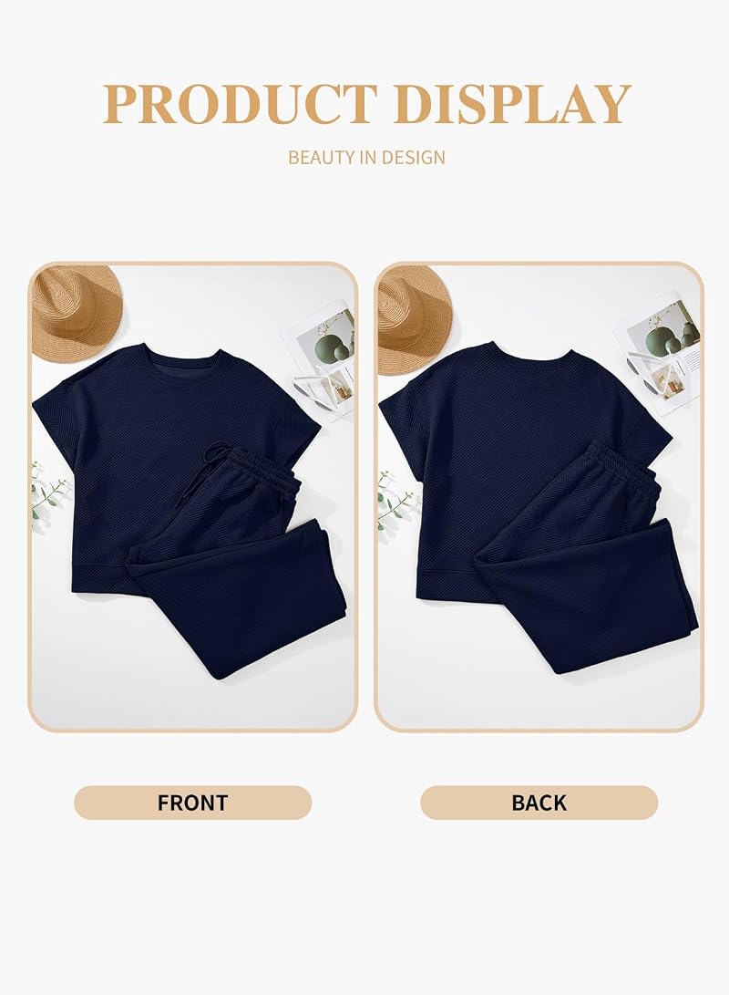 Eytino Plus Size 2-Piece Tracksuit Set Navy Blue - Short Sleeve Top, High-Waist Wide-Leg Pants (1X-5X) Variation: Navy Blue+3X