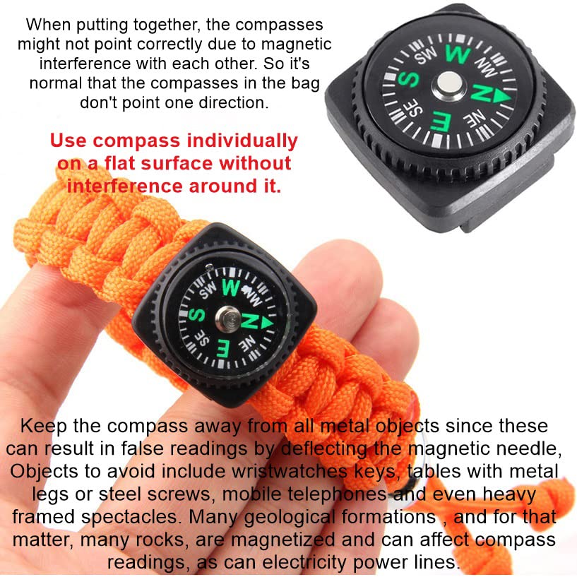 15pcs Slip-On Wrist Compass Hard Shell Liquid Filled Mini Small Button Compass Paracord Bracelet for Outdoor Hiking Survival Wrist Watch Band 3/4" (20mm)