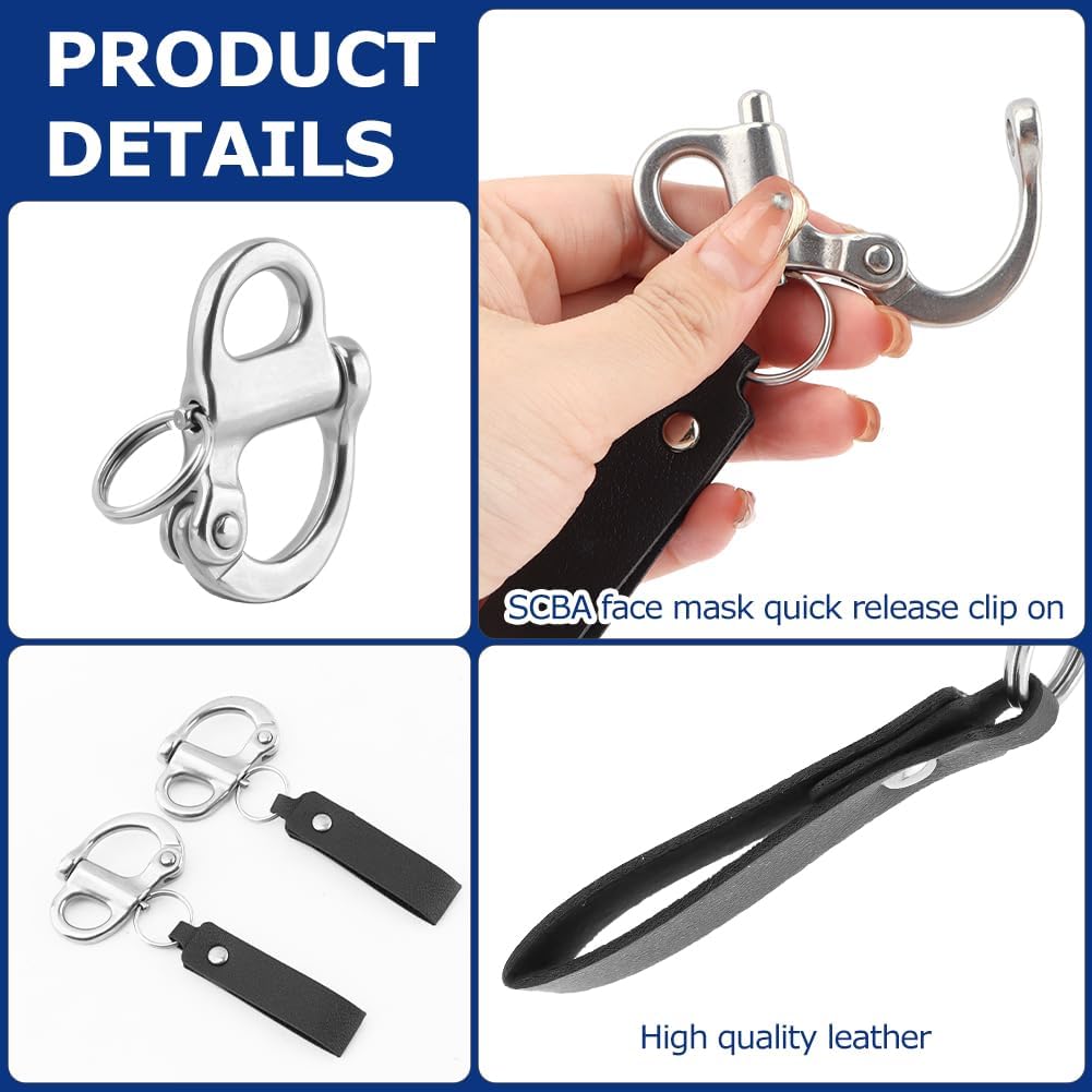 2 Pack SCBA Mask Quick Release Clip Shackle with Leather Lanyard, 316 Stainless Steel Snap Swivel Clips for Firefighting, Outdoor & Emergency Use