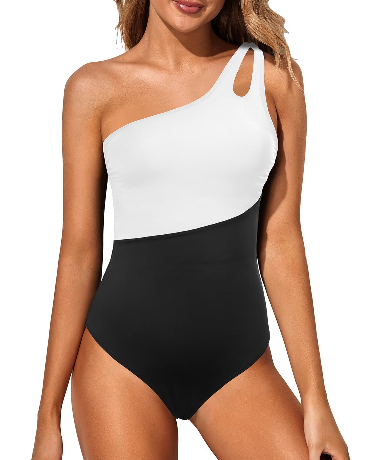Holipick One Shoulder One Piece Swimsuit for Women Tummy Control Bathing Suits Modest Full Coverage Keyhole Swimwear Black and White