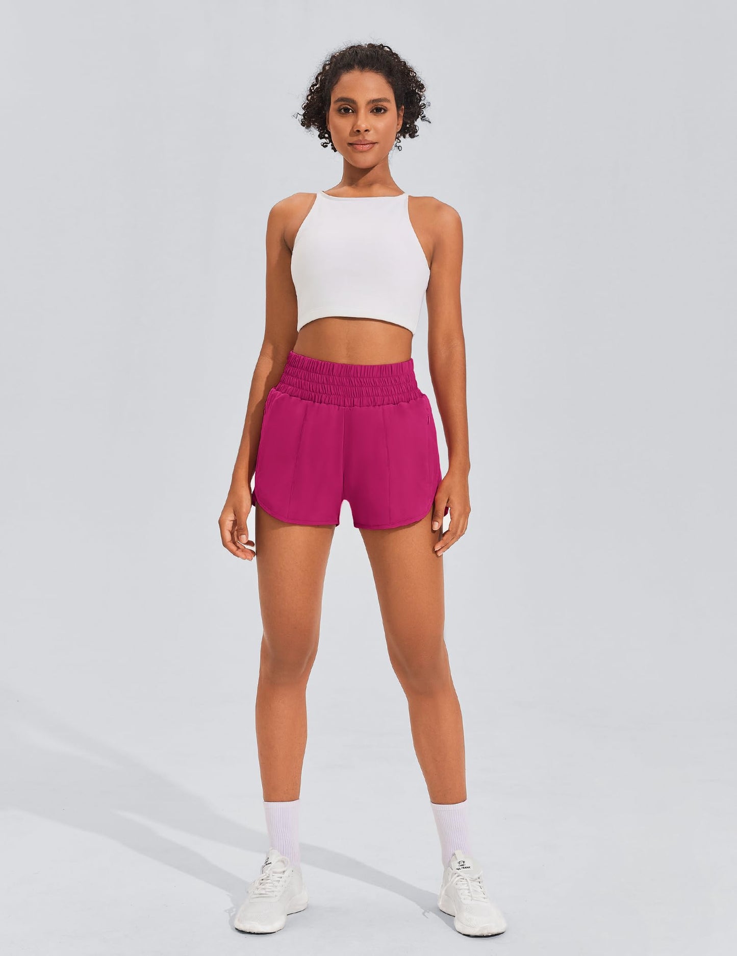 PINSPARK Summer Running Shorts Women Athletic Workout Gym Short Quick Dry Elastic High-Waist Sports Shorts with 2 Pockets and Panty Liner, Hot Pink, Medium