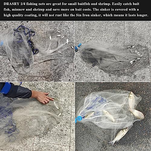 Fishing Cast Net 3/8 & 1/4 Mesh 5FT Radius Heavy Duty Gray Sinkers Monofilament