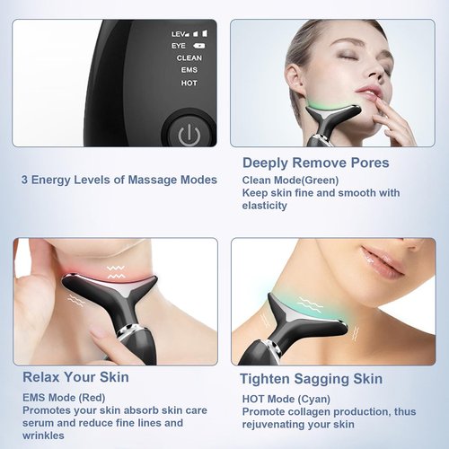 Red Light Therapy for Face, Face and Neck Massager, Wrinkle Remover with Red Light Therapy for Skin Care, Cleansing, Rejuvenating, and Smoothing (Black)