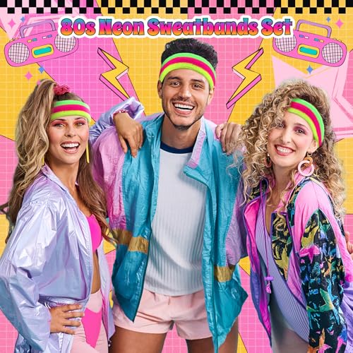 Neon Sweatbands Set - 3 Pack Neon Headband and Wristbands, Mixing Colors
