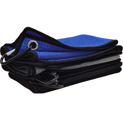 VIVIDLY 3 Pack Golf Towels (16" X 16"), Microfiber Waffle Pattern Golf Towel with Carabiner Clip, Suitable for Men's Golf Gifts (Black/Grey/Blue)