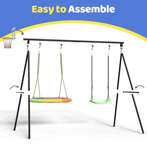 660 lbs Swing Sets for Backyard,4-in-1 Heavy Duty Outdoor Large Metal Swing Sets for Kids with 2 Swings,Trapeze Bar, Soccer Goals and Basketball