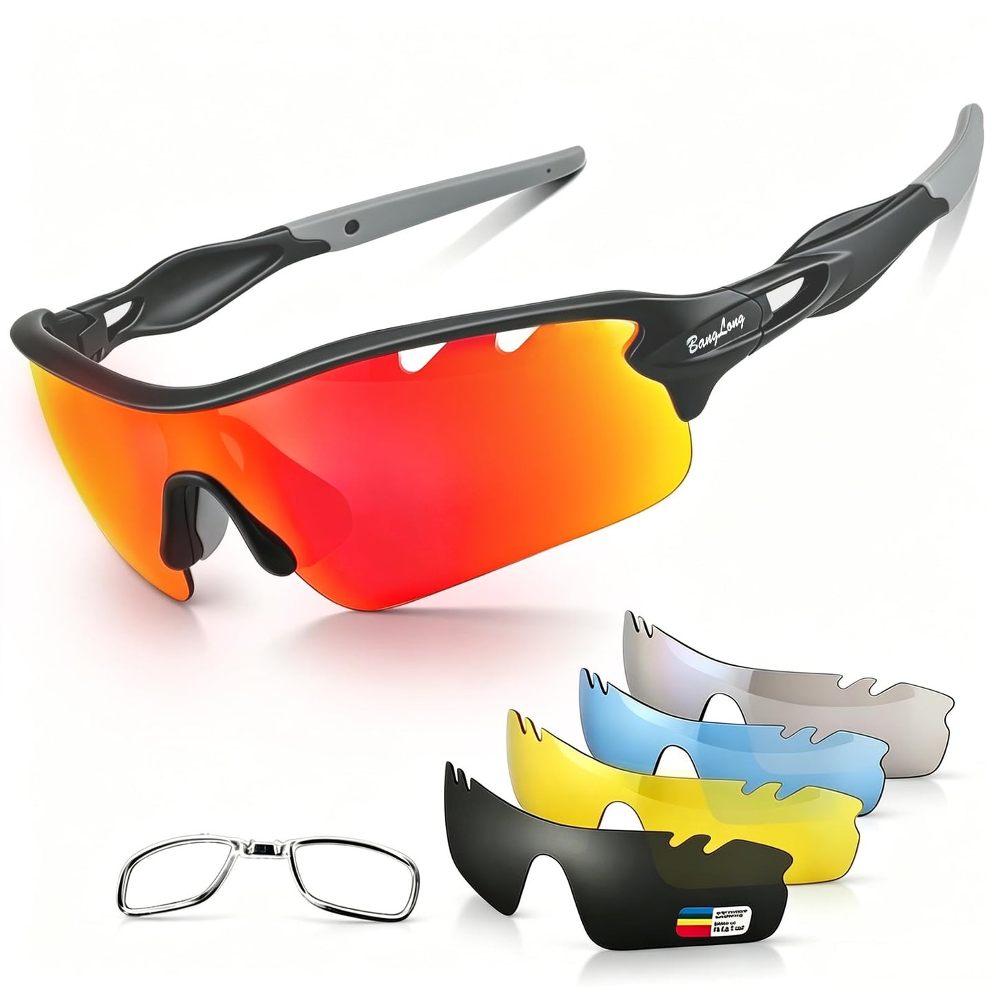 BangLong Polarized Cycling Sunglasses for Men Women, 26g Sports Sunglasses with 5 Interchangeable Lenses, UV400 Lightweight Bike Glasses with Prescription Insert for Running Fishing Baseball Driving