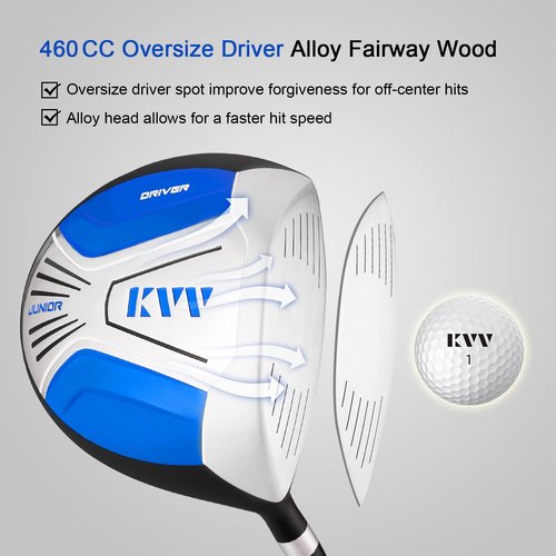 KVV Junior Complete Golf Club Set for Kids/Children Right Hand, 5-Piece Set Includes Oversize Driver, S#，7# & 9# Irons, Putter, Head Cover, Golf Stand Bag(Blue 11-13)
