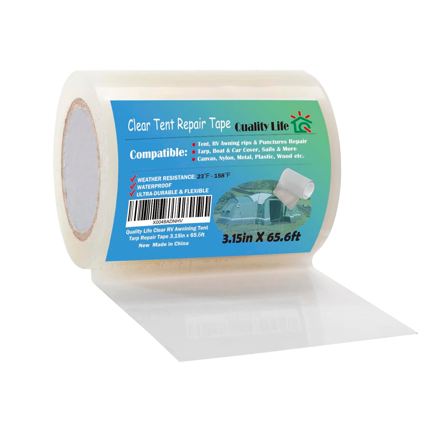 Quality Life RV Awning Repair Tape，Clear Tent Repair Tape Waterproof, for Tarp,Canvas，Boat Covers, Sail, Heavy Duty High Adhesive - 3.15in x 65.6ft
