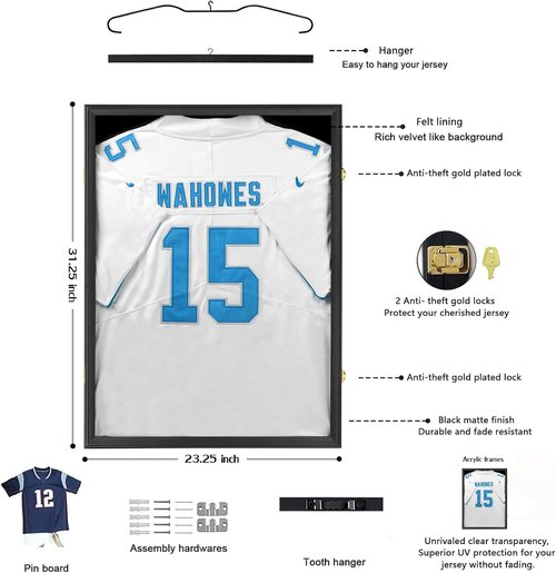 Tieeqe Jersey Frame Display Case-Jersey Display Shadow Box- Lockable Jersey Frame with 2 Wall Hangers and UV Resistant Acrylic-Display Case for Football Baseball Basketball Jersey-Black, Wood