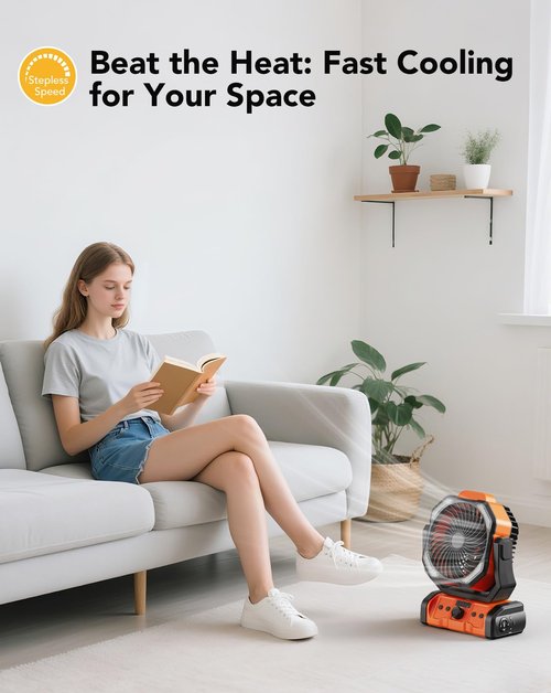 CAMPERFECT Camping Fan Rechargeable, 20000mAh Battery Powered Portable Fan with LED Light & Hanging Hook, 4 Speeds Quiet Outdoor Fans for Tent, Travel, Emergency, BBQ, and Home Use (Orange)