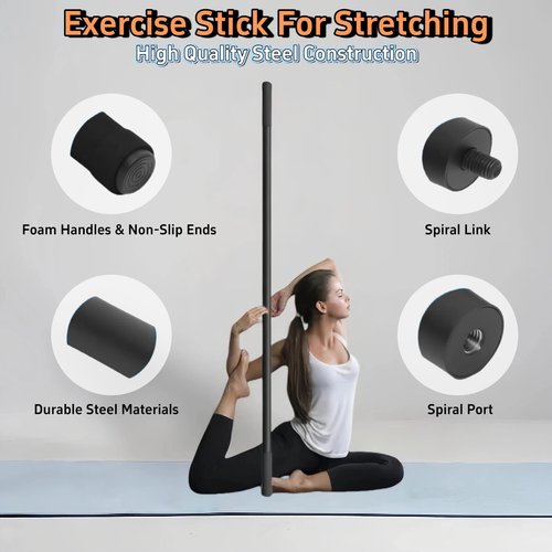 AmoreTempo Yoga Stick for Mobility, 5ft Adjustable Stretching Stick with 4 Steel Rods & Foam Grip Handles Stainless Steel Exercise Stick for Fitness, Physical Therapy, Balance Pole, Posture Correction