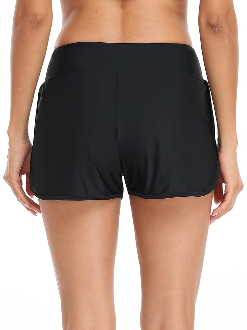 Relleciga Women's High Waist Swim Shorts with Built-in Brief - Black, Medium