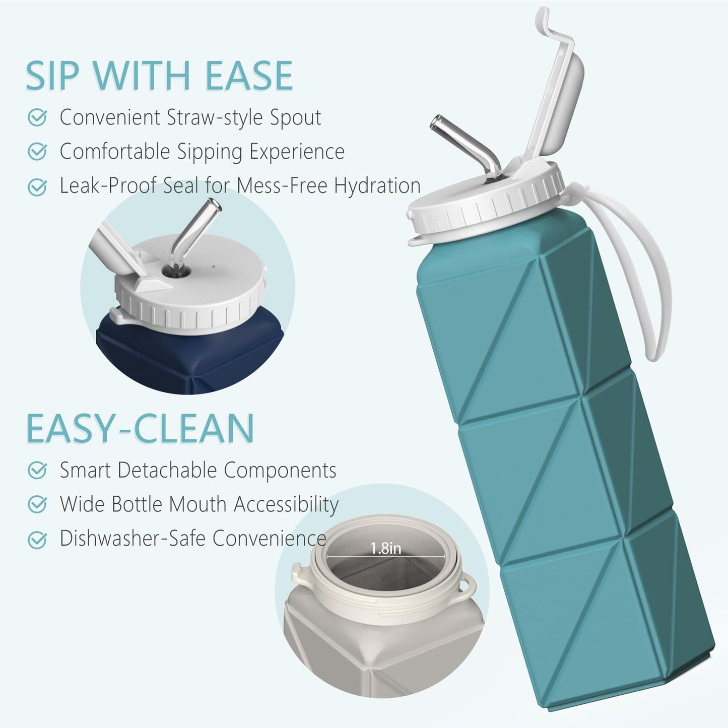 BEAUTAIL Collapsible Water Bottles with Straw 20.6oz, Silicone Foldable Portable Water Bottle, BPA-Free, Leakproof Reusable for Travel Camping Hiking Cycling Yoga Sports, 1 Pack (Blue)