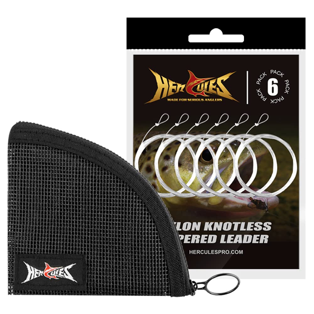 HERCULES Pre-Tied Loop Fly Fishing Leader 6 Pack with Tapered Leader Wallet, 9FT - 3X - 6.0LB
