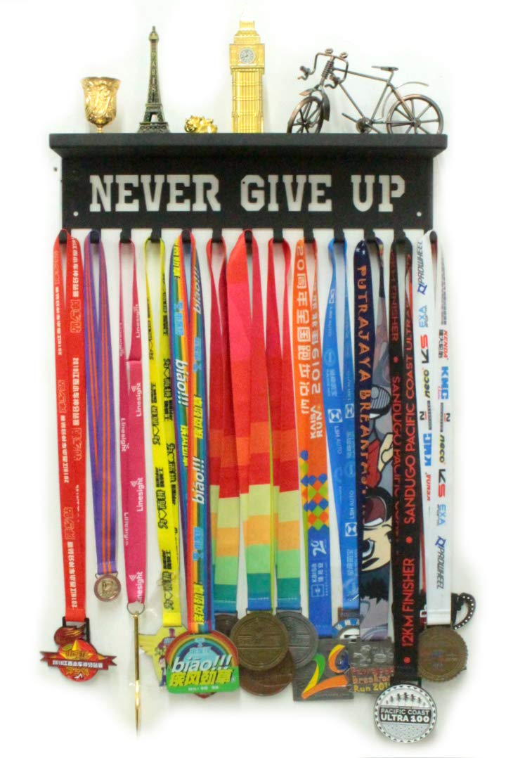 URBN BY MODERN HOME FINISHINGS Never Give Up Sports Awards Medal Hanger Display, 3" Trophy Shelf Medal Holder with Hooks, Easy Install Wall Shelf and Ribbon Holder Wall Shelf (Black)