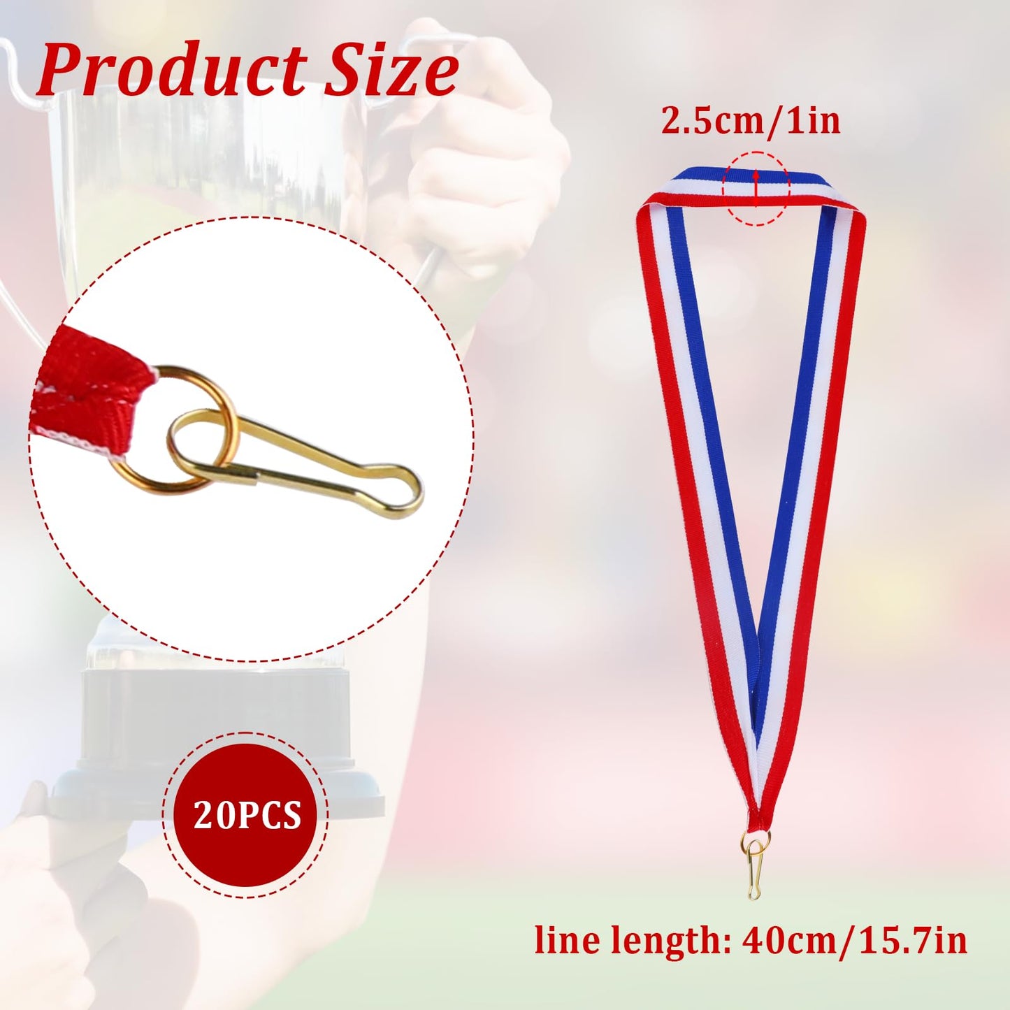 20 Pieces Award Ribbons, Red White Blue Medal Ribbons with Snap Clips Classic Striped Medal Lanyards Flat Lanyard Medallion Holder for Competitions Meeting Sport Party Student Awards