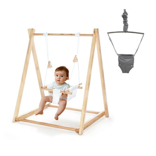 JOYMOR 2-in-1 Wooden Baby Swing & Jumper with A-Frame Foldable Stand for Indoor and Outdoor Use, Montessori Play Set with Baby Swing-Seat for Toddlers 6-36 Months