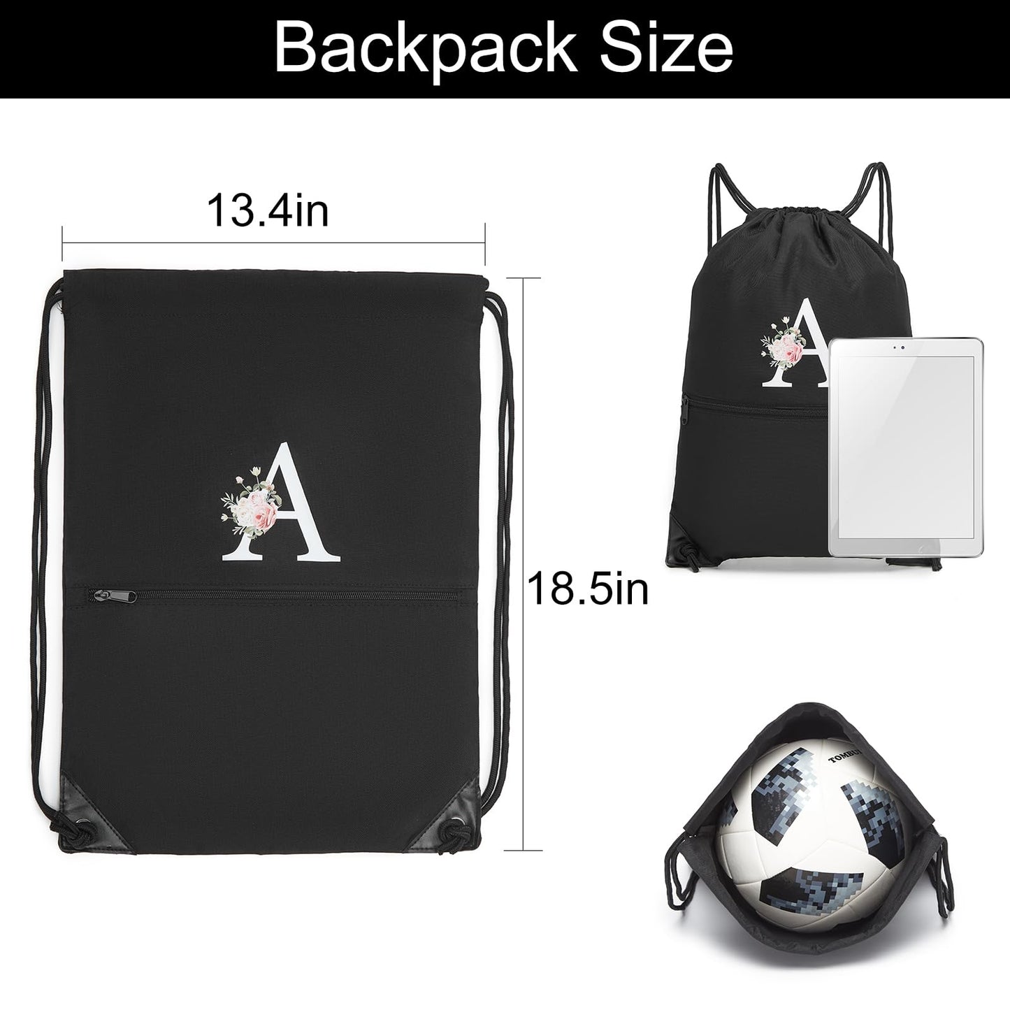 Drawstring Backpack, Personalized Initial Design Drawstring Bags Water Resistant String Bag for Women Men Gym Backpack Track Bag Sackpack Cinch Bags for Sports, Gym, Travel, Beach-Black (Letter J)