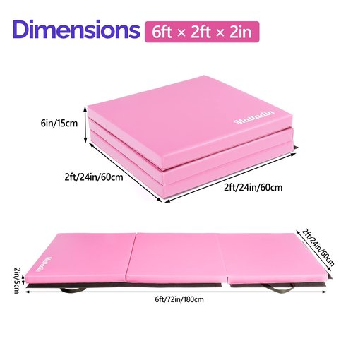 Matladin 6' Folding Tri-fold Gymnastics Gym Exercise Aerobics Mat, 6ft x 2ft x 2in PU Leather Tumbling Mats for Stretching Yoga Cheerleading Martial Arts (Pink)