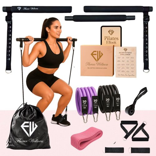 Fluxur Wellness Pilates Bar Kit with Resistance Bands for Women – Adjustable Home Workout Set with Booty Band, eBook & More – Full Body Toning for Beginners & at-Home Fitness