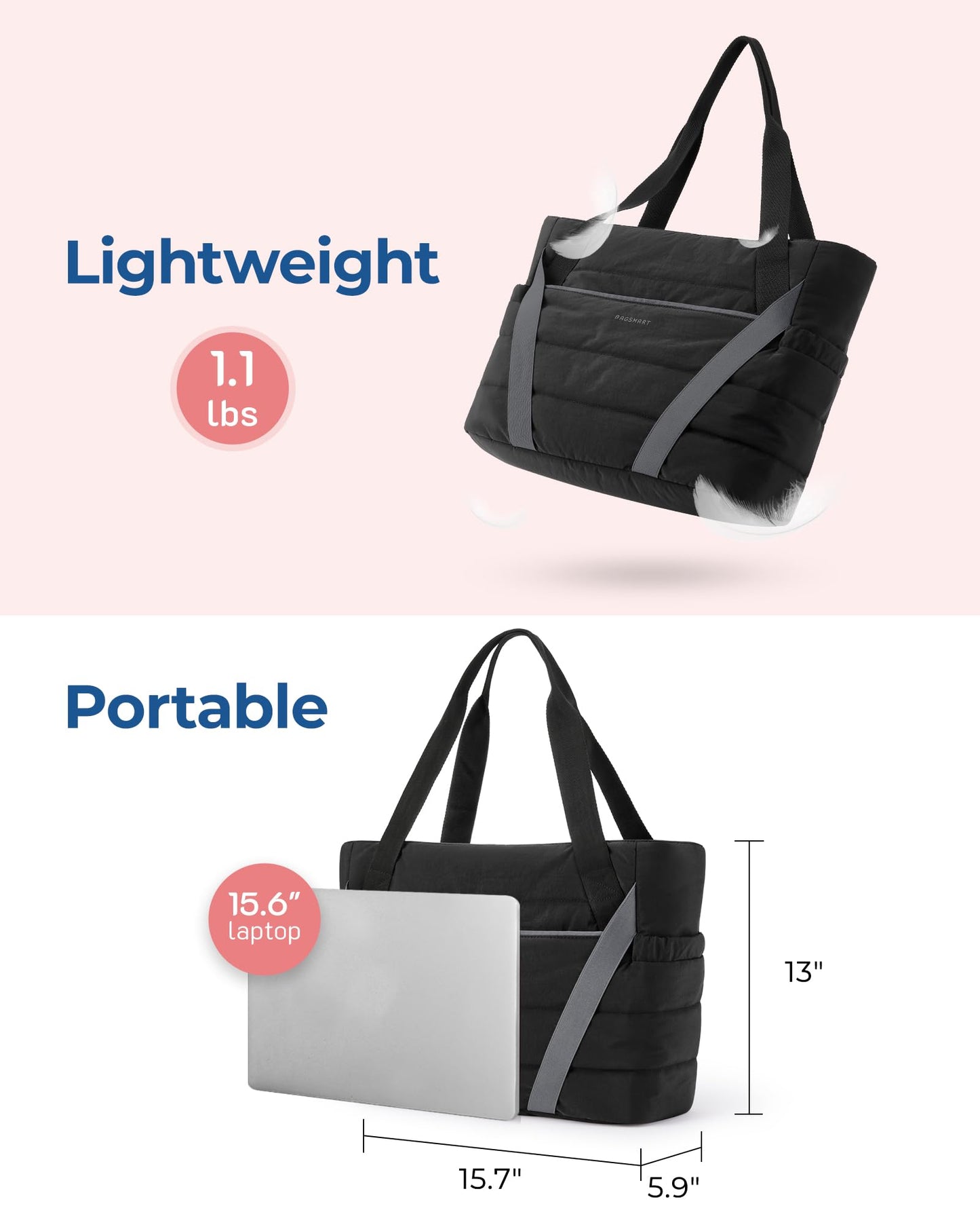 BAGSMART Tote Bag for Women with Zipper and Yoga Mat Straps Quilted Gym Tote for Travel, Work, Sport
