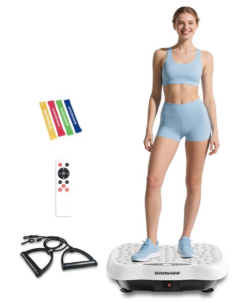 Damkee Vibrating Board Workout, Weight Loss Exercise Equipment and Lymphatic Drain Massager, Waver Fitness Exerciser, 4 Resistance Bands (White)