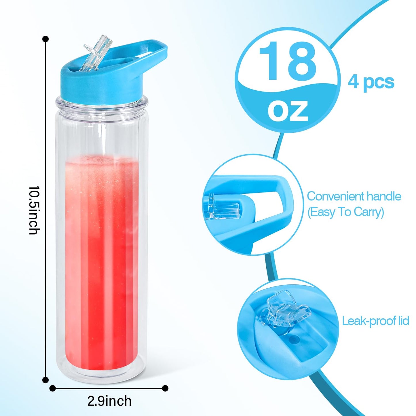 18oz 4 Pack Double Wall Clear Water Bottle Bulk Plastic Snow Globe Tumbler with Handle Lid, Acrylic Pre-Drilled Hole with Stopper Sippy Snow Globe Kid Water Bottle for Scool Sport DIY Gift