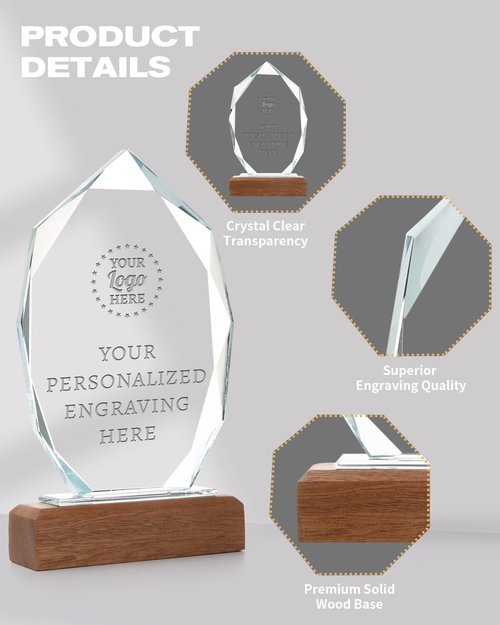 ZALHIN Personalized Crystal Trophy Award with Solid Wood Base - Custom Engraved Plaques for Employee Recognition, Sports Trophies, Thanks Gifts (Treelike)
