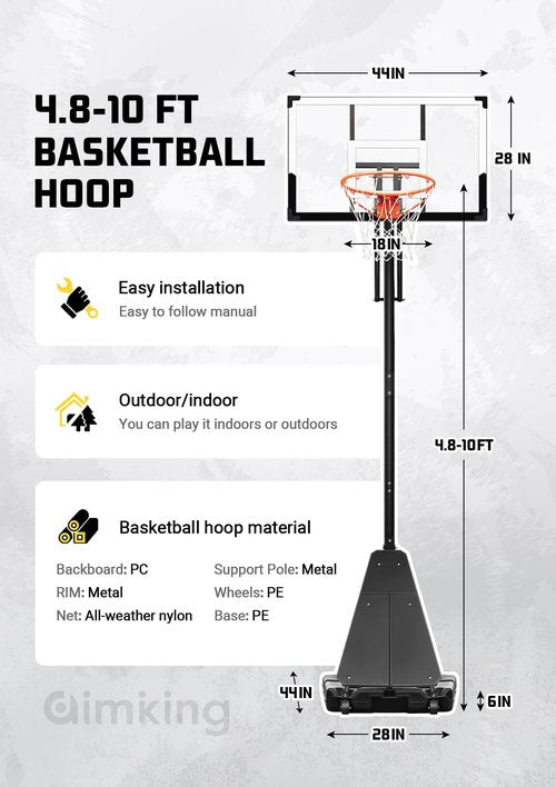 Aimking Basketball Hoop Outdoor System with 44 Inch Backboard, 4.8FT-10FT Height Adjustable Basketball Goal System for Youth/Teens/Adults Indoor Outdoor Pool