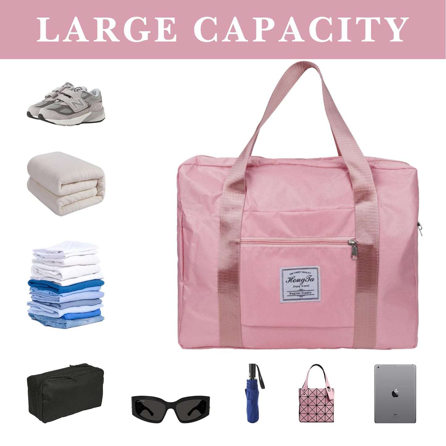 Adorila Travel Duffel Bags, Tote Sports Gym Bag for Women, Shoulder Weekender Overnight Bag with Pocket (Pink)