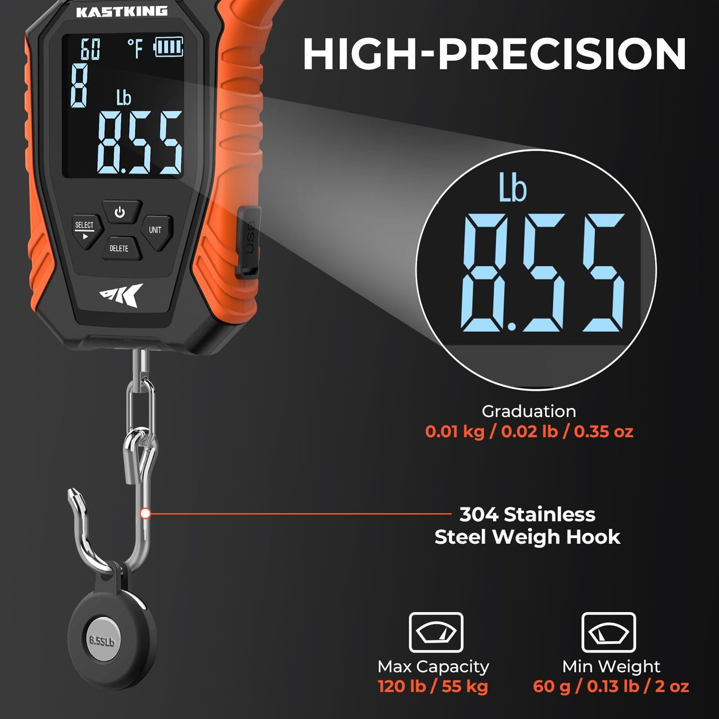 KastKing Weighmaster Mechanical-Digital Fishing Scale, 120 lb Capacity, 2.5" Backlit Display, High-Precision Sensor, 9 Weight Memory, Temperature Detection, IPX6 Waterproof, Fishing Gifts