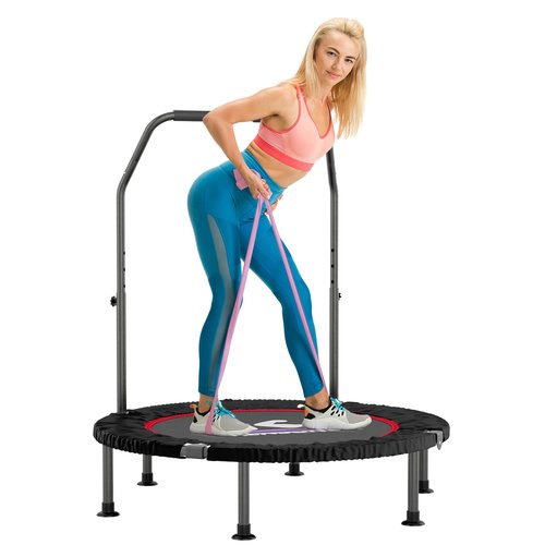K KENSONE 40??Mini Trampoline for Adults with Purple Resistance Band, Fitness Rebounder for Indoor Workout with Adjustable Foam Handle, Small Home Exercise Equipment, Max Load 330lbs