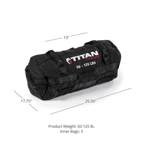 Titan Fitness 50-125 LB PRO Strongman Sandbags, Double Layer, 1050D Cordura, Black, Carry Home Gym Training