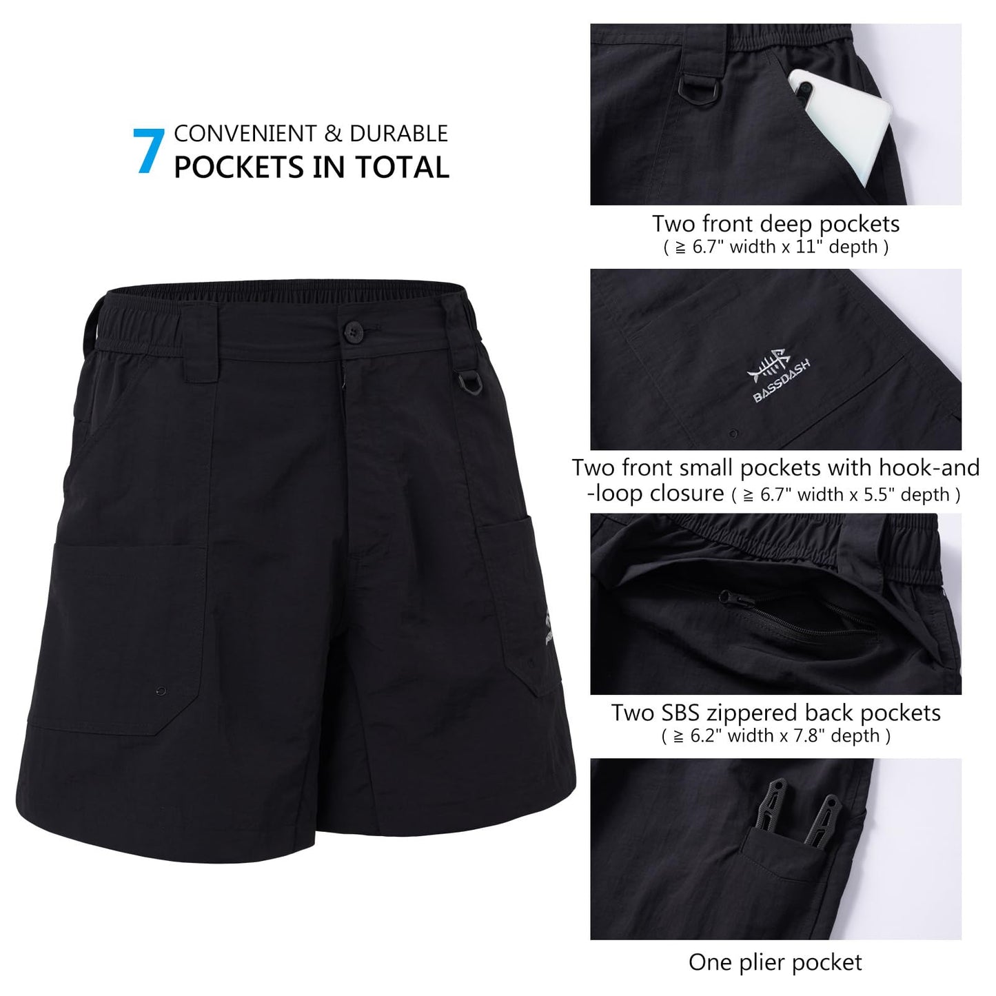 BASSDASH Men's Fishing Shorts UPF 50+ Water Resistant Quick Dry Hiking Cargo Shorts with Multi Pocket 6"