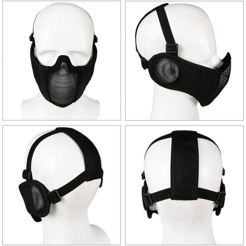 AOUTACC Airsoft Mesh Mask, Half Face Mesh Masks with Ear Protection for CS/Hunting/Paintball/Shooting (Mesh Ear, BK)