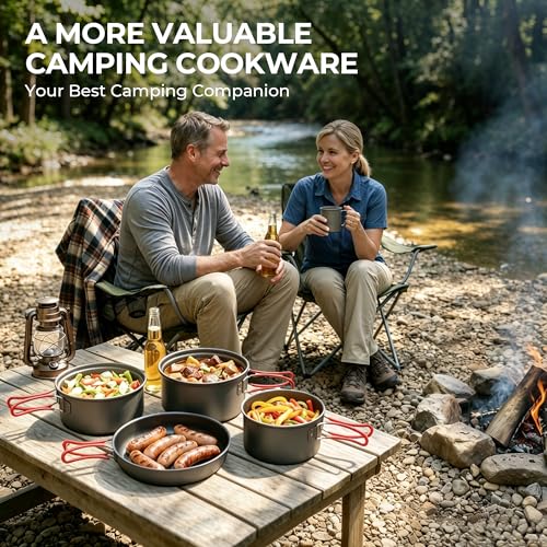 Camping Cookware Set 2.2L + 1.2L + 1L Pots and 19.1cm Non-Stick Pan - Lightweight & Portable