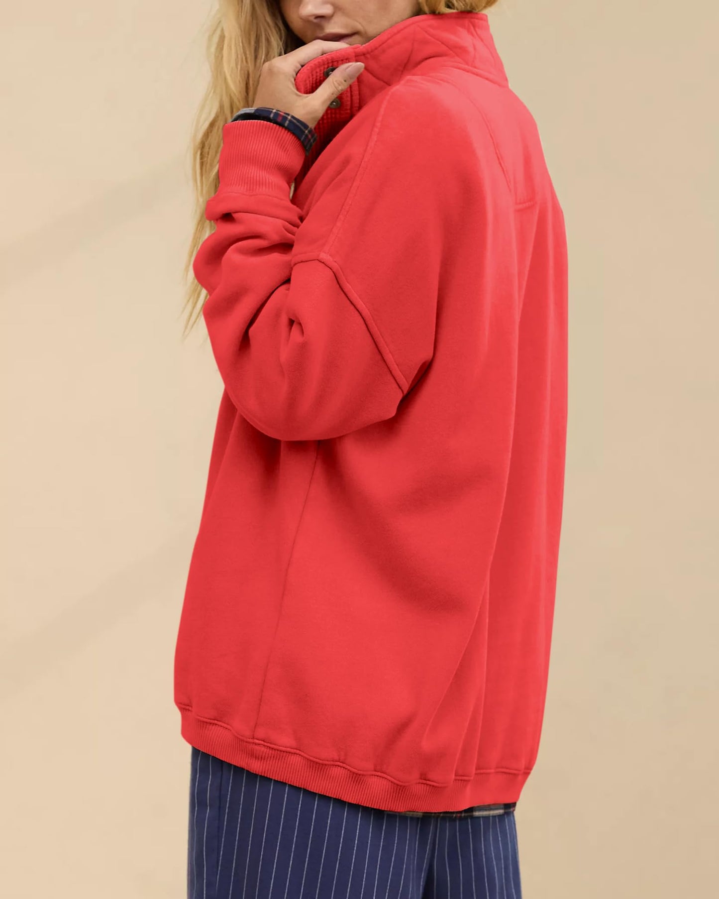 Gacaky Sweatshirt for Women Oversized Casual Long Sleeve Button Henley Neck Pullover Tops Fashion Outfits Clothes Red XS